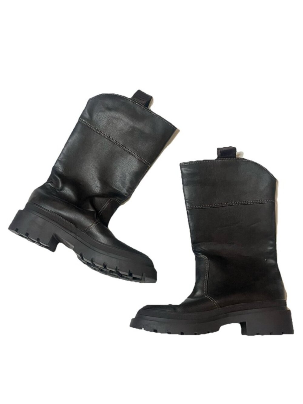 Zara Dark Brown Moto Boots 39 Chunky Lug Sole Mid Calf Biker Grunge Sz 8.5 90s
